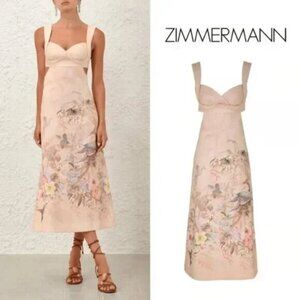 Zimmermann Illuminate Open Back Linen Midi Dress Ivory Tropical AU0/US4